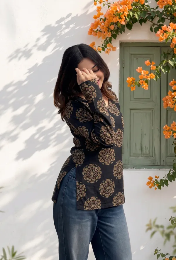 Black_Cotton_Gold_Medallion_Print_Full_Sleeve_Short_Kurti_For_Women