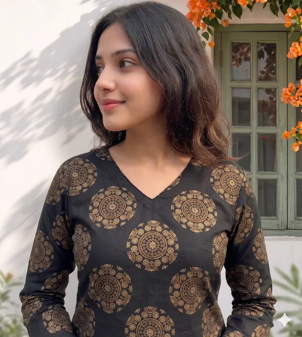 Black_Cotton_Gold_Medallion_Print_Full_Sleeve_Short_Kurti_For_Women