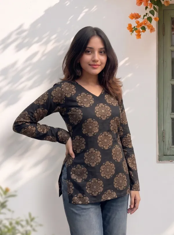 Black_Cotton_Gold_Medallion_Print_Full_Sleeve_Short_Kurti_For_Women