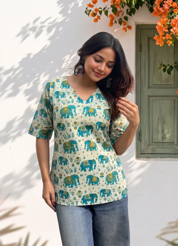 White_Cotton_Elephant_Print_V-Neck_Short_Kurti_For_Women