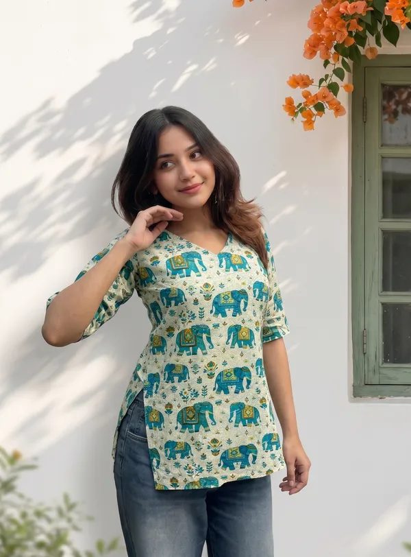 White_Cotton_Elephant_Print_V-Neck_Short_Kurti_For_Women