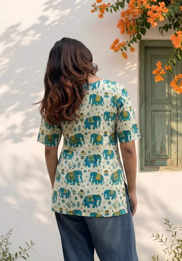 White_Cotton_Elephant_Print_V-Neck_Short_Kurti_For_Women