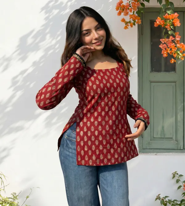 Red_Cotton_Block_Print_Full_Sleeve_Short_Kurti_For_Women