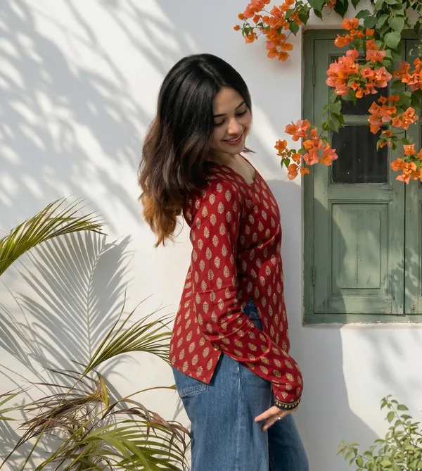 Red_Cotton_Block_Print_Full_Sleeve_Short_Kurti_For_Women