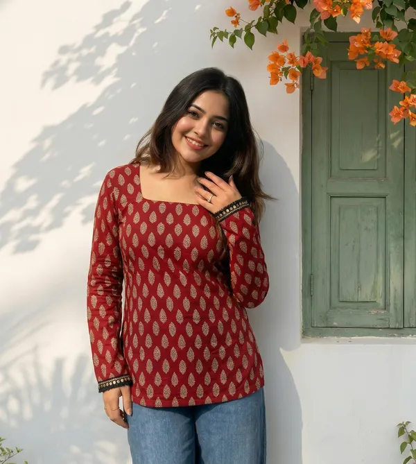 Red_Cotton_Block_Print_Full_Sleeve_Short_Kurti_For_Women