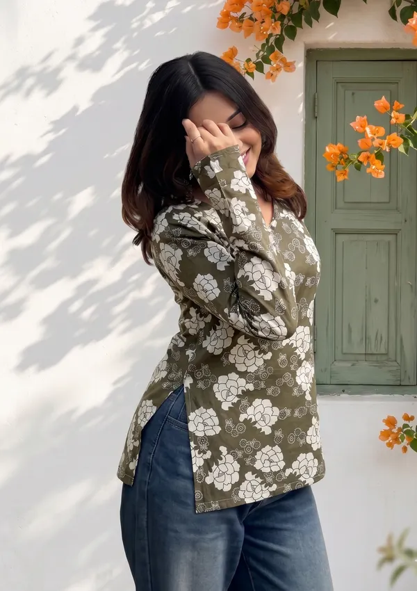 Olive_Green_Cotton_Floral_Print_V-Neck_Long_Sleeve_Short_Kurti_For_Women
