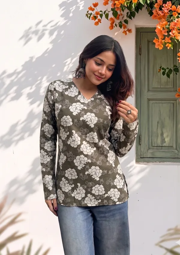 Olive_Green_Cotton_Floral_Print_V-Neck_Long_Sleeve_Short_Kurti_For_Women