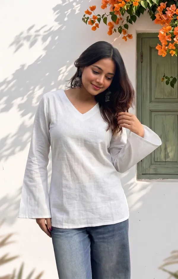 White_Cotton_V-Neck_Long_Sleeve_Short_Kurti_For_Women