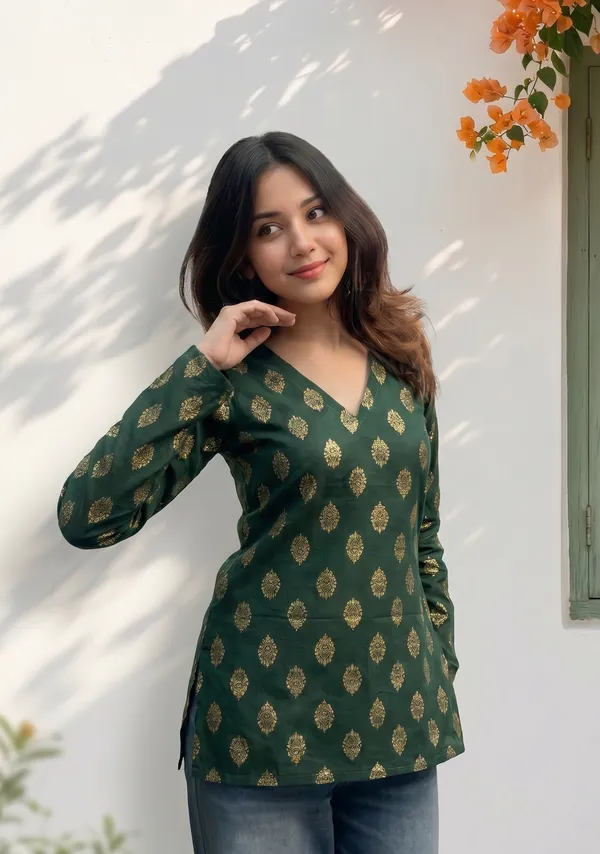 Dark_Green_Cotton_Gold_Foil_Print_V-Neck_Short_Kurti_For_Women