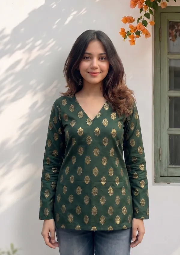Dark_Green_Cotton_Gold_Foil_Print_V-Neck_Short_Kurti_For_Women