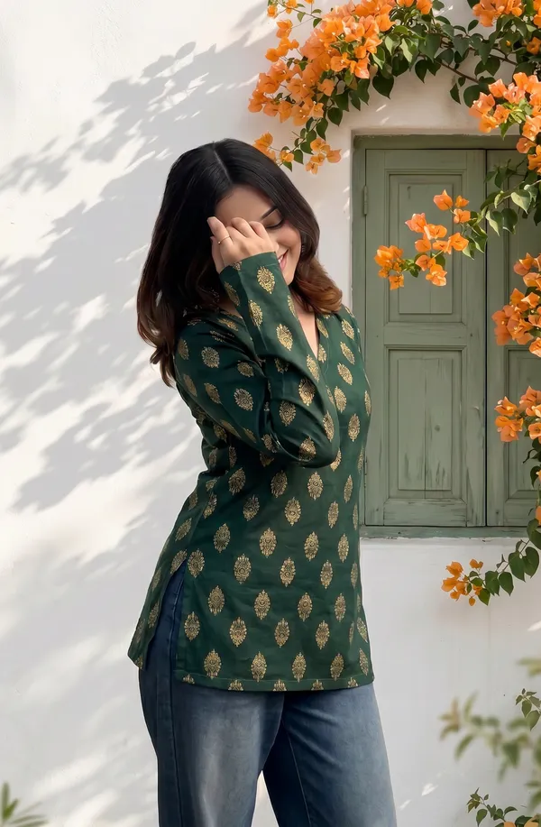 Dark_Green_Cotton_Gold_Foil_Print_V-Neck_Short_Kurti_For_Women