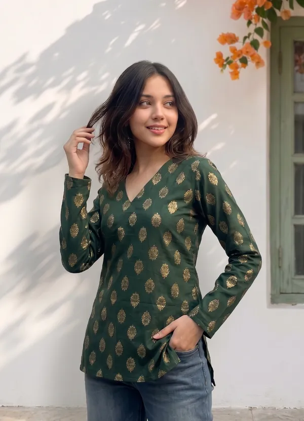 Dark_Green_Cotton_Gold_Foil_Print_V-Neck_Short_Kurti_For_Women
