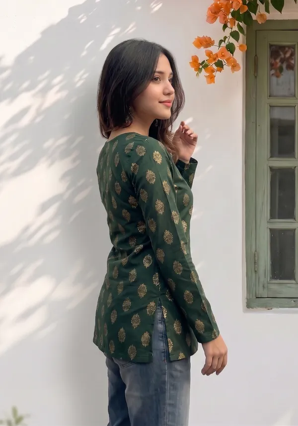 Dark_Green_Cotton_Gold_Foil_Print_V-Neck_Short_Kurti_For_Women