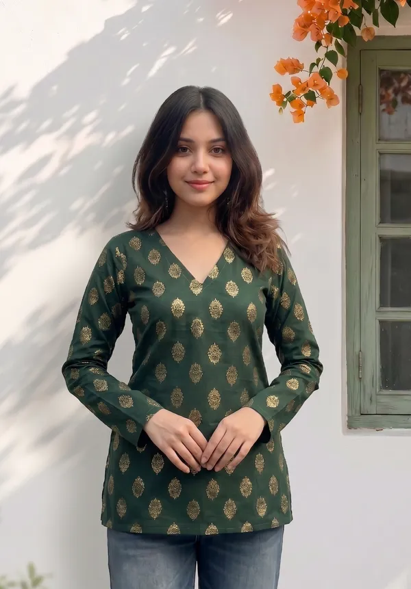Dark_Green_Cotton_Gold_Foil_Print_V-Neck_Short_Kurti_For_Women