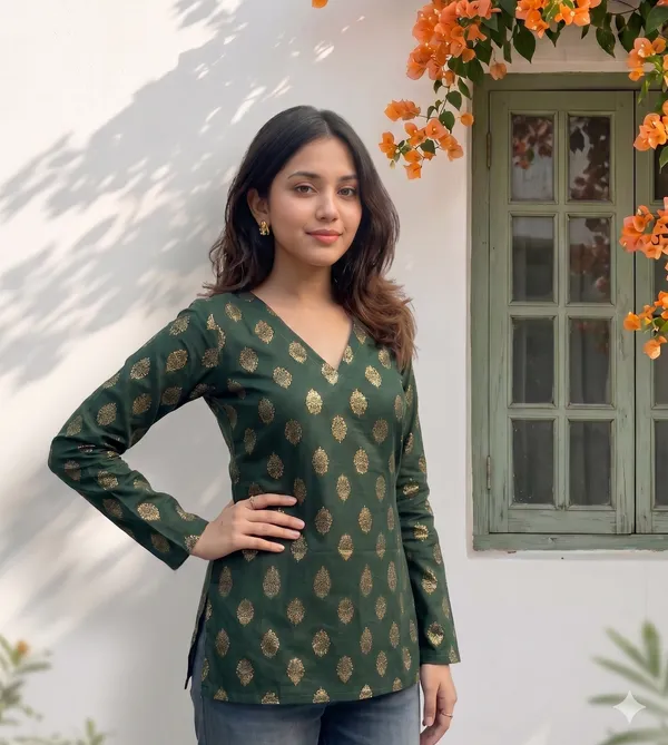 Dark_Green_Cotton_Gold_Foil_Print_V-Neck_Short_Kurti_For_Women
