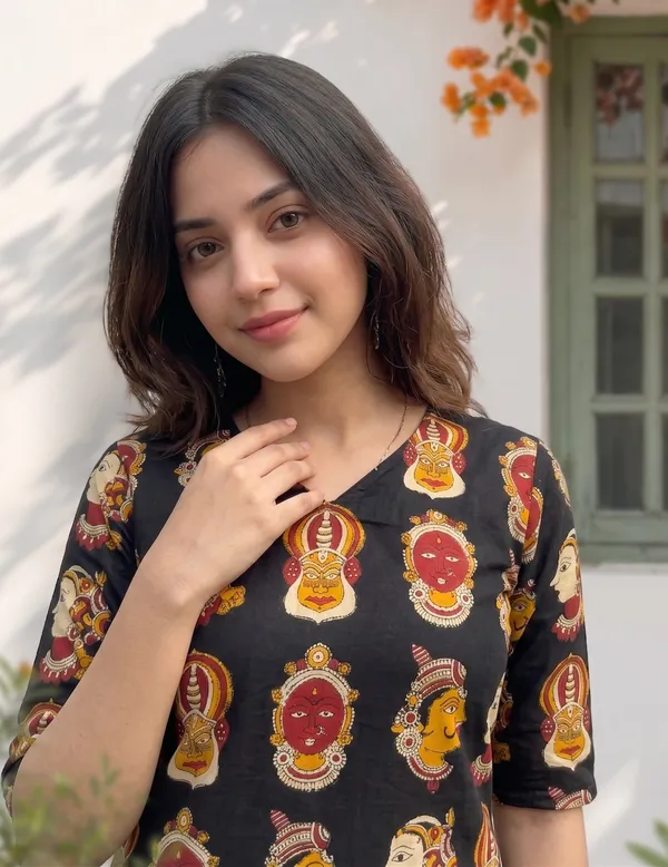Black_Cotton_Kalamkari_Print_Short_Kurti_For_Women