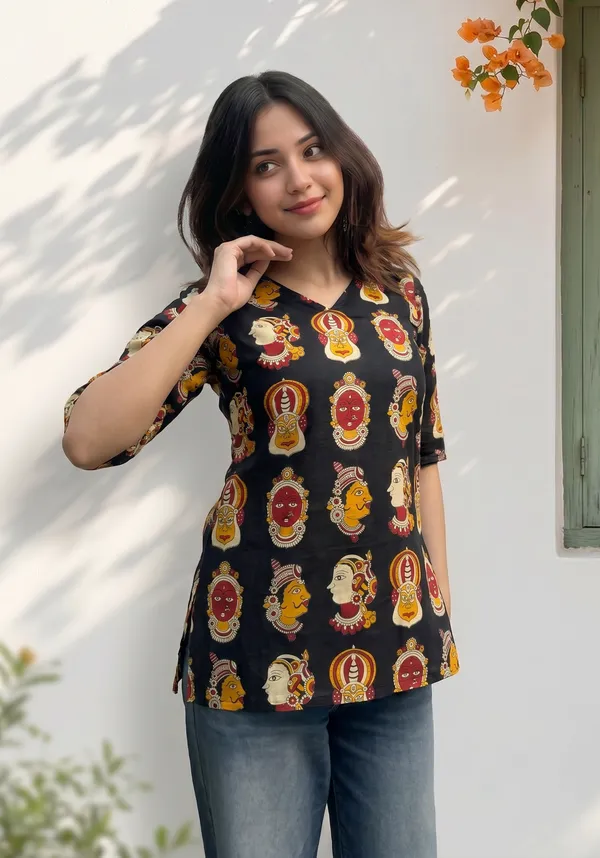 Black_Cotton_Kalamkari_Print_Short_Kurti_For_Women