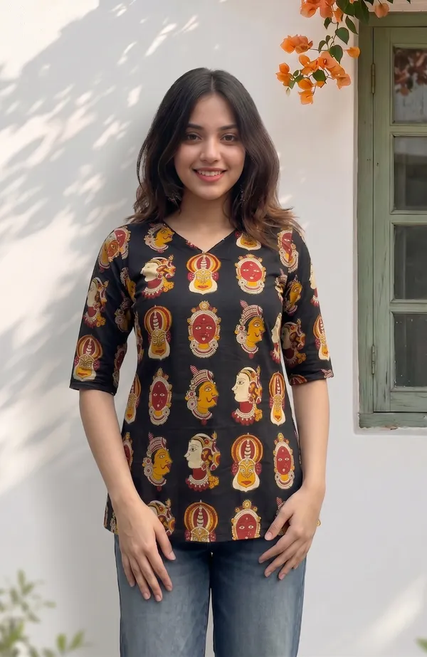 Black_Cotton_Kalamkari_Print_Short_Kurti_For_Women
