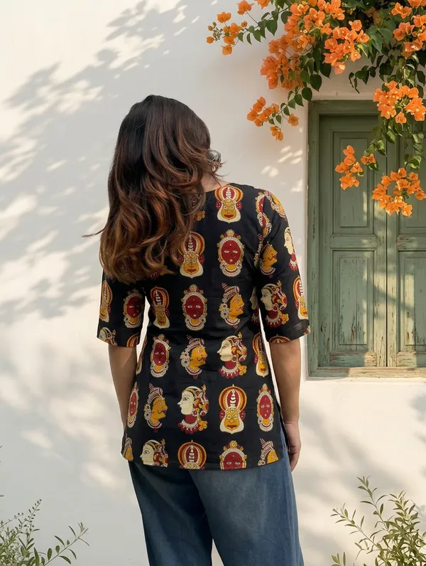 Black_Cotton_Kalamkari_Print_Short_Kurti_For_Women