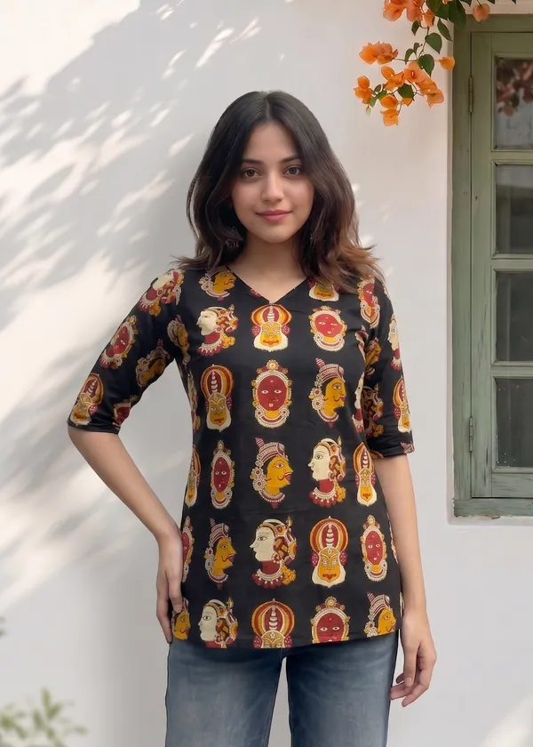 Black_Cotton_Kalamkari_Print_Short_Kurti_For_Women