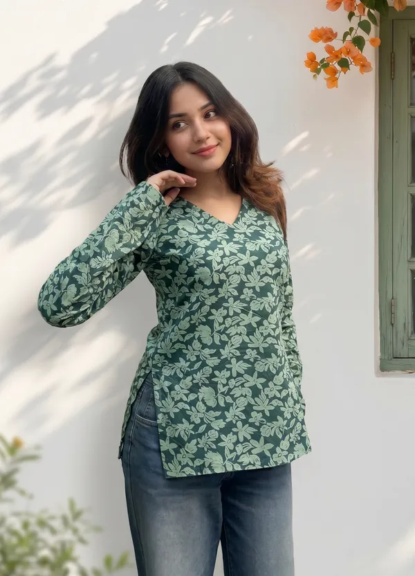 Green_Cotton_Floral_Print_V-Neck_Long_Sleeve_Short_Kurti_For_Women
