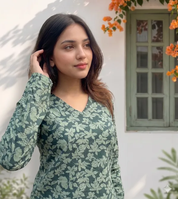 Green_Cotton_Floral_Print_V-Neck_Long_Sleeve_Short_Kurti_For_Women