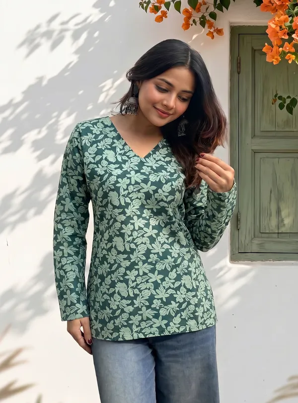 Green_Cotton_Floral_Print_V-Neck_Long_Sleeve_Short_Kurti_For_Women