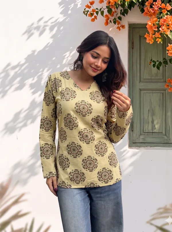 Cream_Cotton_Elephant_Print_Short_Sleeve_Short_Kurti_For_Women