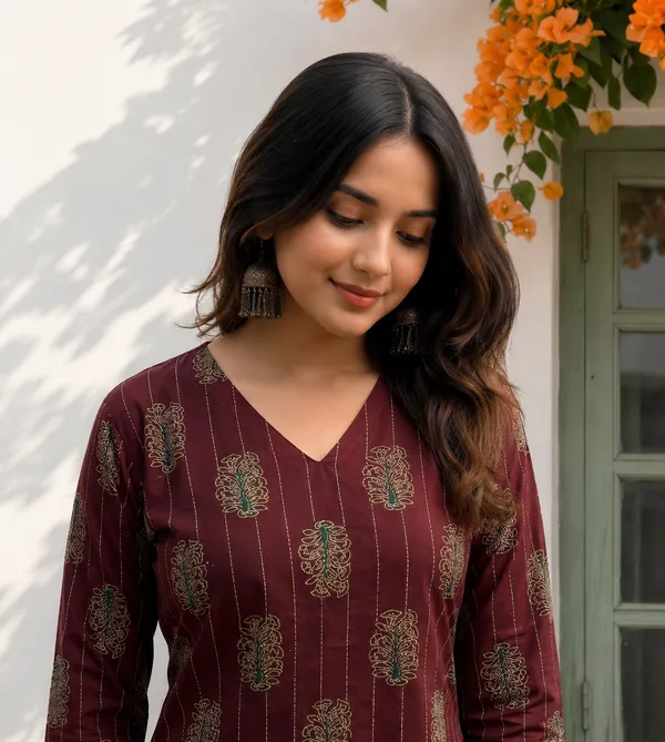 Maroon_Cotton_Block_Print_Full_Sleeve_Short_Kurti_For_Women