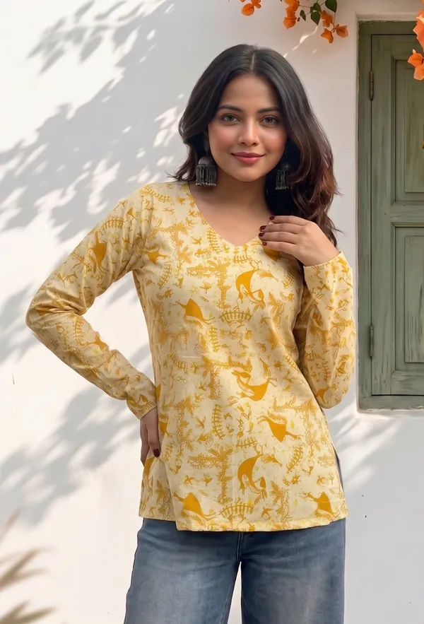 Yellow_Cotton_Relaxed_Floral_Print_Long_Sleeve_Short_Kurti_For_Women