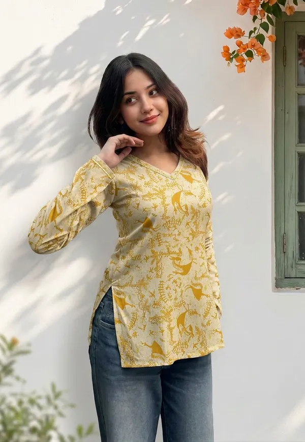 Yellow_Cotton_Relaxed_Floral_Print_Long_Sleeve_Short_Kurti_For_Women