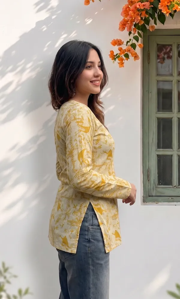 Yellow_Cotton_Relaxed_Floral_Print_Long_Sleeve_Short_Kurti_For_Women