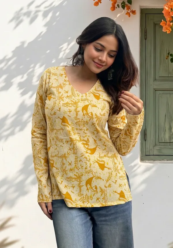 Yellow_Cotton_Relaxed_Floral_Print_Long_Sleeve_Short_Kurti_For_Women