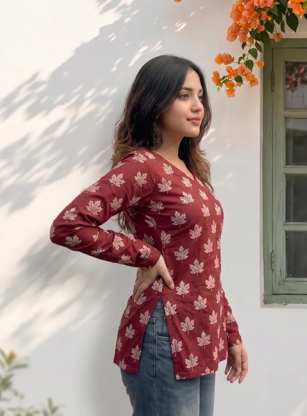 Red_Cotton_Floral_Print_Long_Sleeve_Short_Kurti_For_Women