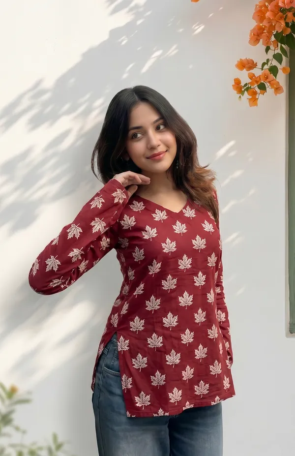 Red_Cotton_Floral_Print_Long_Sleeve_Short_Kurti_For_Women