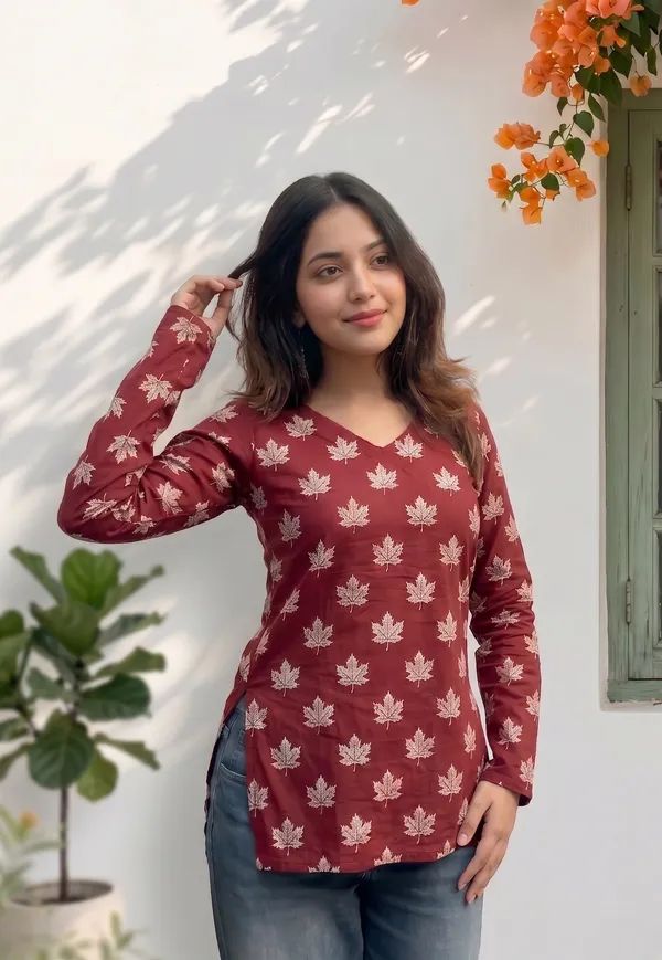 Red_Cotton_Floral_Print_Long_Sleeve_Short_Kurti_For_Women