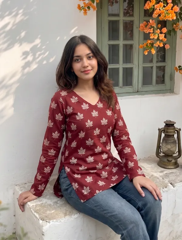 Red_Cotton_Floral_Print_Long_Sleeve_Short_Kurti_For_Women