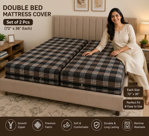 72X36_-_5_Inch_Double_bed_Mattress_cover_(Brown_Check)_-_Set_of_2_pieces