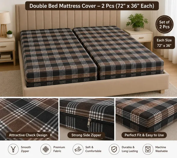 72X36_-_5_Inch_Double_bed_Mattress_cover_(Brown_Check)_-_Set_of_2_pieces