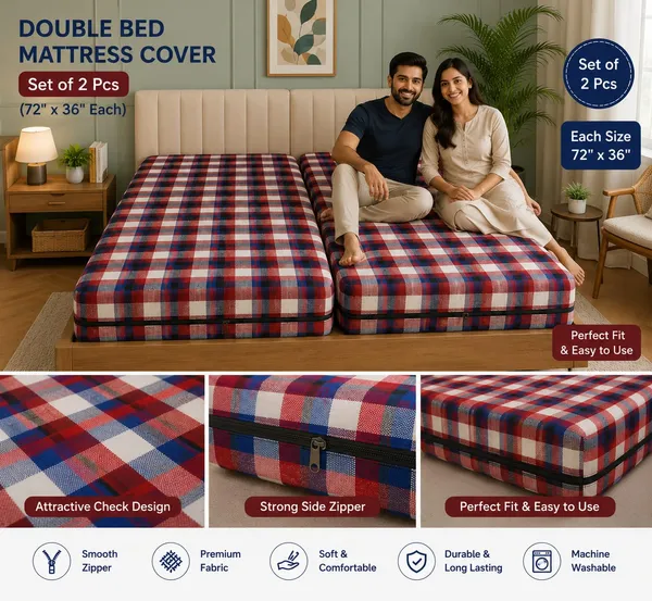 72X36_-_5_Inch_Double_bed_Mattress_cover_(Red_Check)_-_Set_of_2_pieces