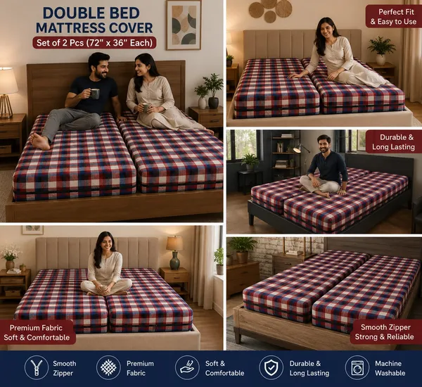 72X36_-_4_Inch_Double_bed_Mattress_cover_(Red_Check)_-_Set_of_2_pieces