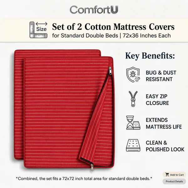 ComfortU_Cotton_Double_Bed_Cover_(Red,_Double_Bed_Mattress_Cover_72X36X5_Inch_Set_Of_2_Pieces)