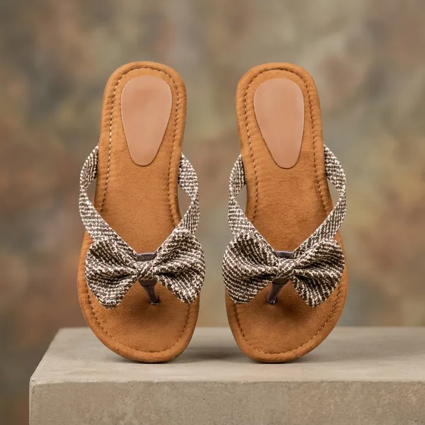 Beige_And_Brown_Fabric_Upper_And_Synthetic_Leather_And_Tpr_Sole_Flat_Sandals_For_Women