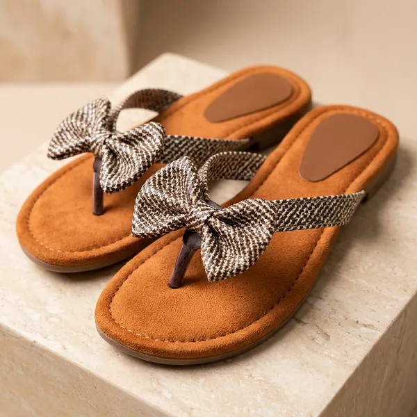 Beige_And_Brown_Fabric_Upper_And_Synthetic_Leather_And_Tpr_Sole_Flat_Sandals_For_Women