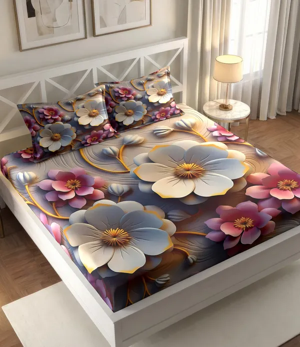 Multicolor_Floral_Print_Fitted_Bedsheet_With_Two_Pillow_Covers