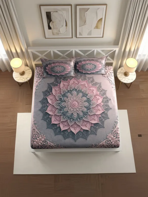 Grey_Pink_Lotus_Mandala_Printed_King_Size_Bedsheet_With_Pillow_Covers