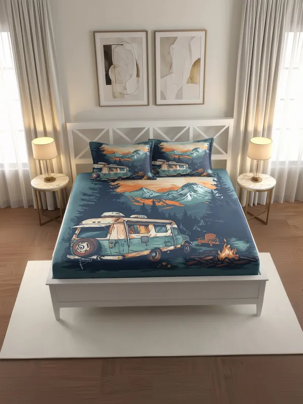 Blue_Camping_Van_Print_King_Size_Bedsheet_With_Pillow_Covers