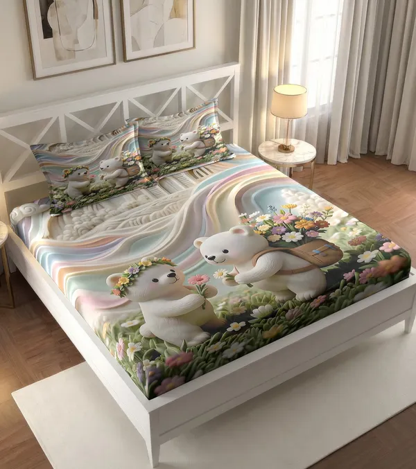 White_Floral_Teddy_Bear_Printed_King_Size_Bedsheet_Set