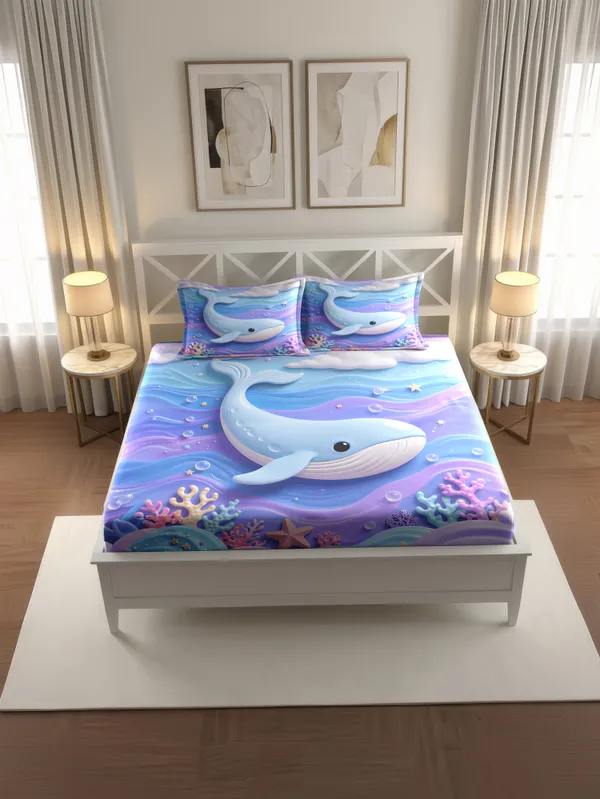 Blue_Whale_Ocean_Print_King_Size_Bedsheet_Set_With_2_Pillow_Covers