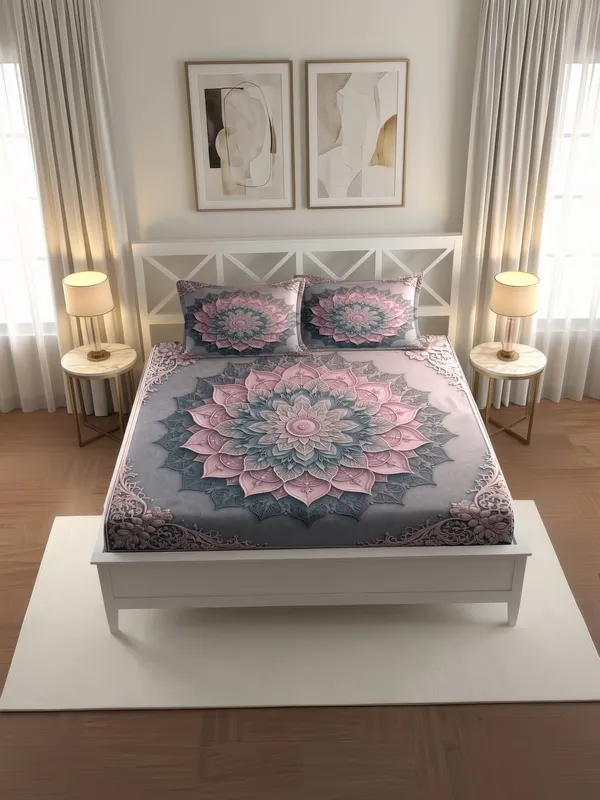 Grey_Pink_Lotus_Mandala_Printed_King_Size_Bedsheet_With_Pillow_Covers